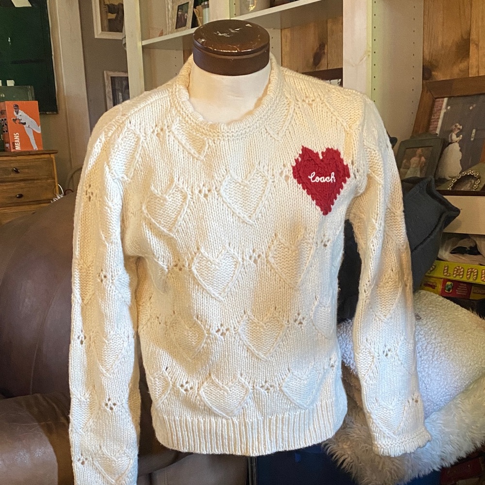 Coach Cream cable knit Sweater with Red Heart